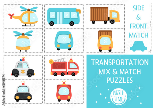 Vector transportation mix match puzzle with truck, helicopter, police car, bus, fire engine. Matching transport activity for kids. Educational printable game with front and side view vehicles.