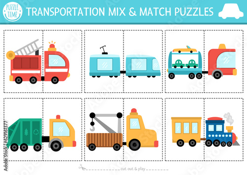Vector transportation mix and match puzzle with cute trucks and trains. Matching transport activity for preschool kids with lorries and trailers. Educational printable city vehicles game.