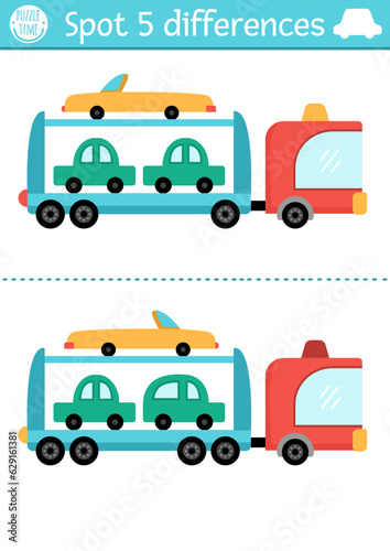 Find differences game for children. Transportation educational activity with cute car carrier. Cute puzzle for kids with funny tow truck. Printable worksheet or page for logic and attention skills.