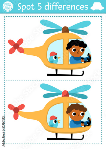 Find differences game for children. Transportation educational activity with helicopter with pilot flying in the sky. Cute puzzle for kids with funny transport. Printable worksheet.