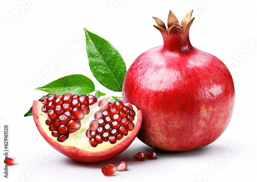 Half and whole pomegranate with seeds and leaf.Macro.AI Generative