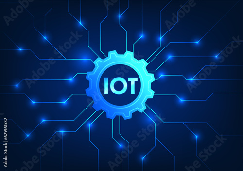 Internet of things technology that uses a wireless signal to connect to tech equipment to work on command Iot font is inside the cog, perfectly integrated with the technology circuit board.