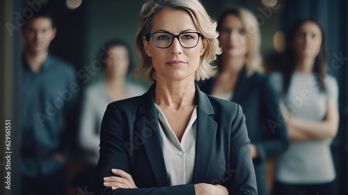 portrait of people. ฺbusiness woman and team. Angry , serious mood. modren office and tower view background.  photo