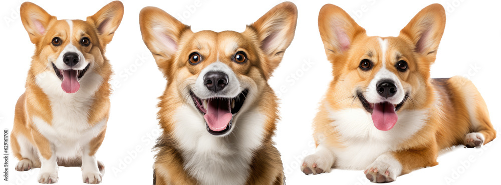 Collection of cute corgis (portrait, sitting, lying), dog bundle isolated on white background as transparent PNG