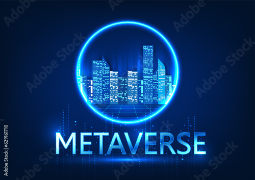 Metaverse Technology Intelligent city inside a circle with the word Metaverse The media is a technology to create a virtual world, even creating an ideal city for users to visit.