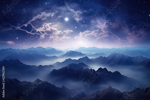 view over misty mountains with cloudy night sky. 