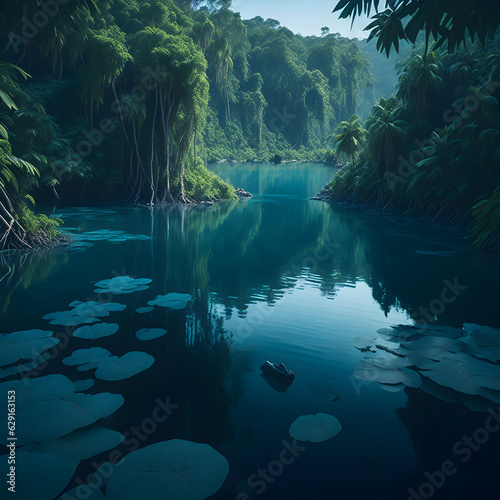 a river running in the forest surrounded by green trees  generative AI 