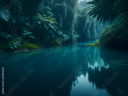 a river running in the forest surrounded by green trees  generative AI 