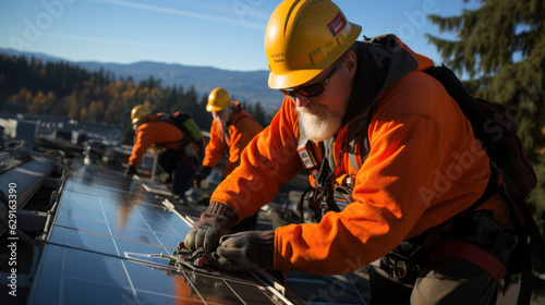 Solar Panel Installers Working Safely with Protective Clothing and Helmets