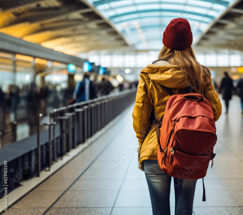 Young woman with backpack on his back waiting at airport or large train station, view from behind. Generative AI