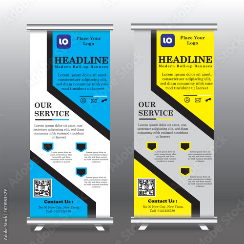 Business Roll Up template, pull up design, Standee Design. Banner Template. Presentation and Brochure Flyer. Template vertical pull up banner with yellow and blue color, Vector illustration, geometric