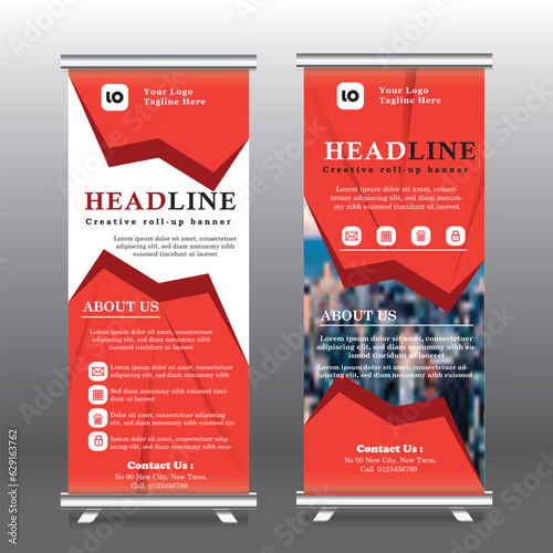 Red Roll Up Banner template vector illustration, vertical roll up banner with blue color, geometric,  background ,standy design , display, advertisement 