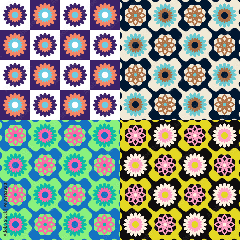 Retro floral square background granny style. Crocket knitted plaid seamless pattern patchwork flowers. Retro floral square background granny style. Crocket knitted plaid seamless pattern patchwork flowers.