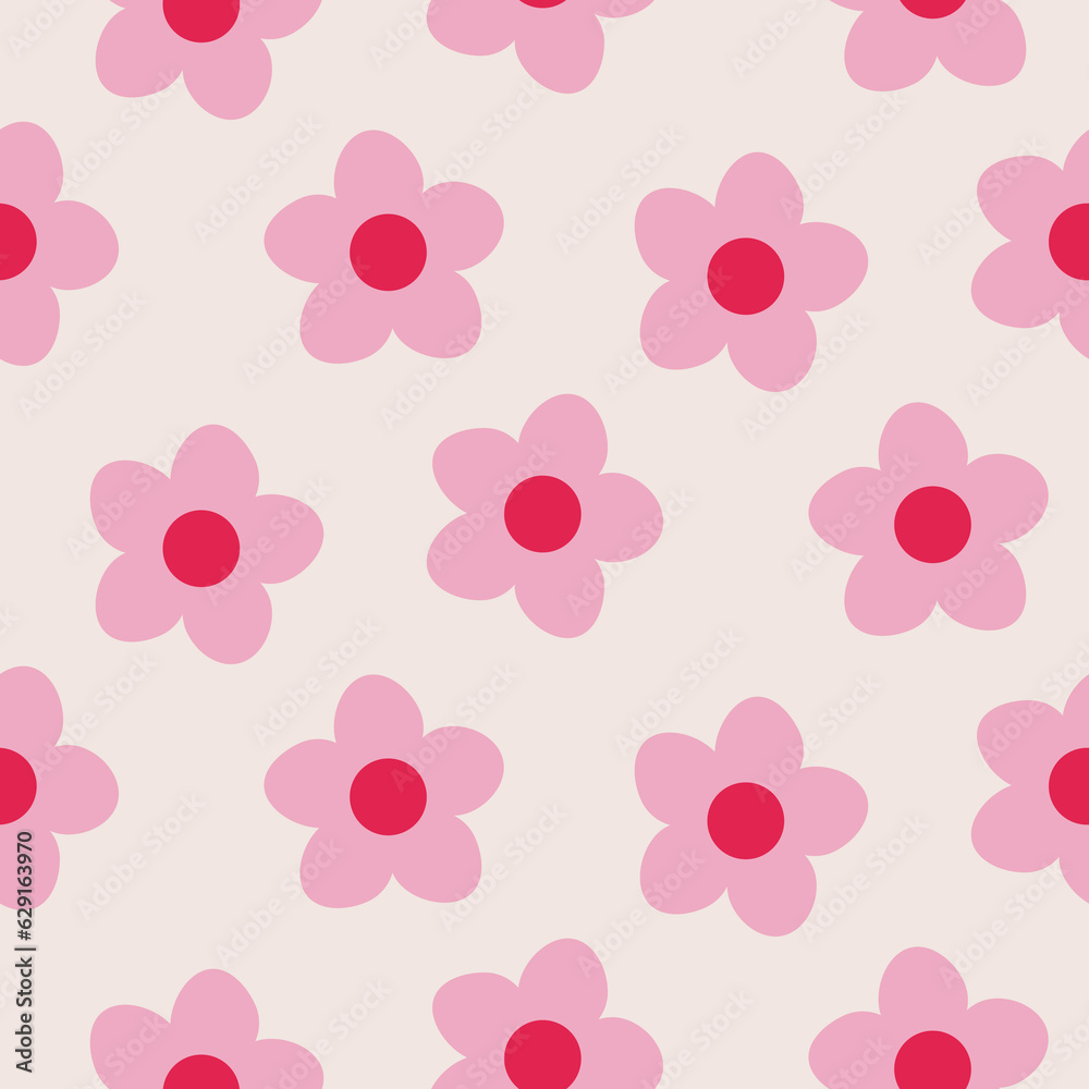 Over-Scaled Bold Retro Graphic Floral Vector Seamless Pattern. Simplistic Oversize Hand Drawn Pink Daisies, Abstract Blooms Minimal Stylized Flowers Print.