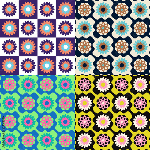 Retro floral square background granny style. Crocket knitted plaid seamless pattern patchwork flowers.