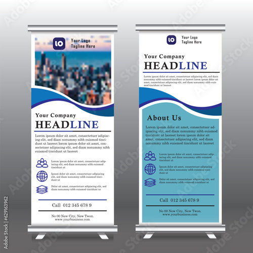 Roll up banner vertical template design, for brochure, business, flyer, modern x-banner and flag-banner advertising. Template vertical roll up banner with blue color, vector illustration