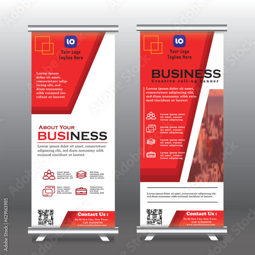 Red Roll Up Banner template vector illustration, vertical roll up banner with blue color, geometric,  background ,standy design , display, advertisement 