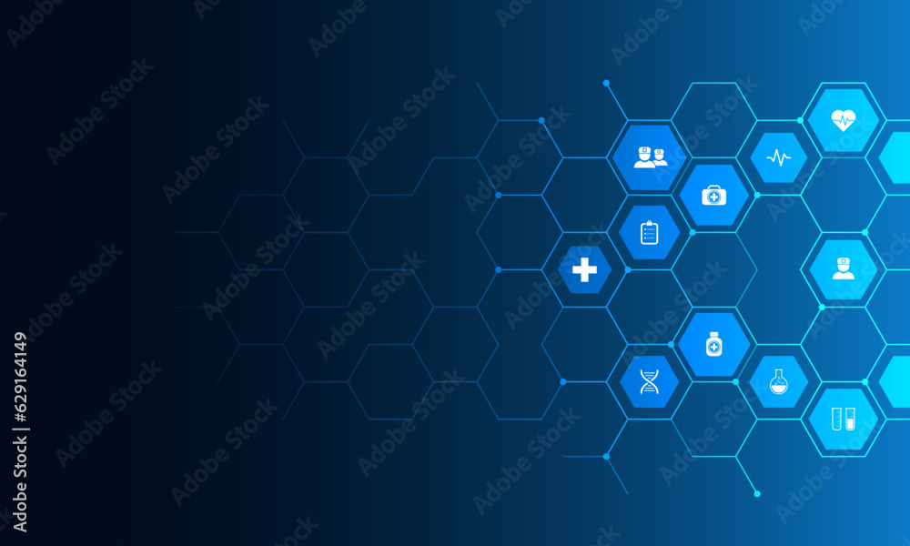 Fototapeta premium Vector illustration of healthcare and technology concept with flat icons and symbols. Template design for health care business, innovation medicine, pharmaceutical industry, science, medical research