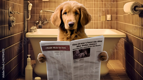 A dog sitting on a toilet seat reading a newspaper in Bathroom, storybook concept.
