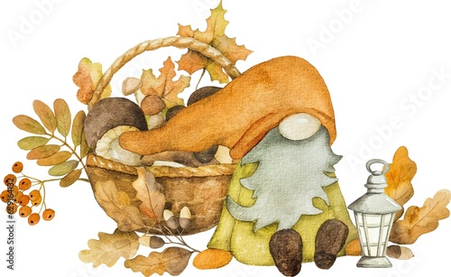 Cute autumn dwarf with mushrooms, arcons and leaves harvest watercolor painting. Fall season cartoon gnome with foliage aquarelle painting photo