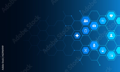 Vector illustration of healthcare and technology concept with flat icons and symbols. Template design for health care business, innovation medicine, pharmaceutical industry, science, medical research