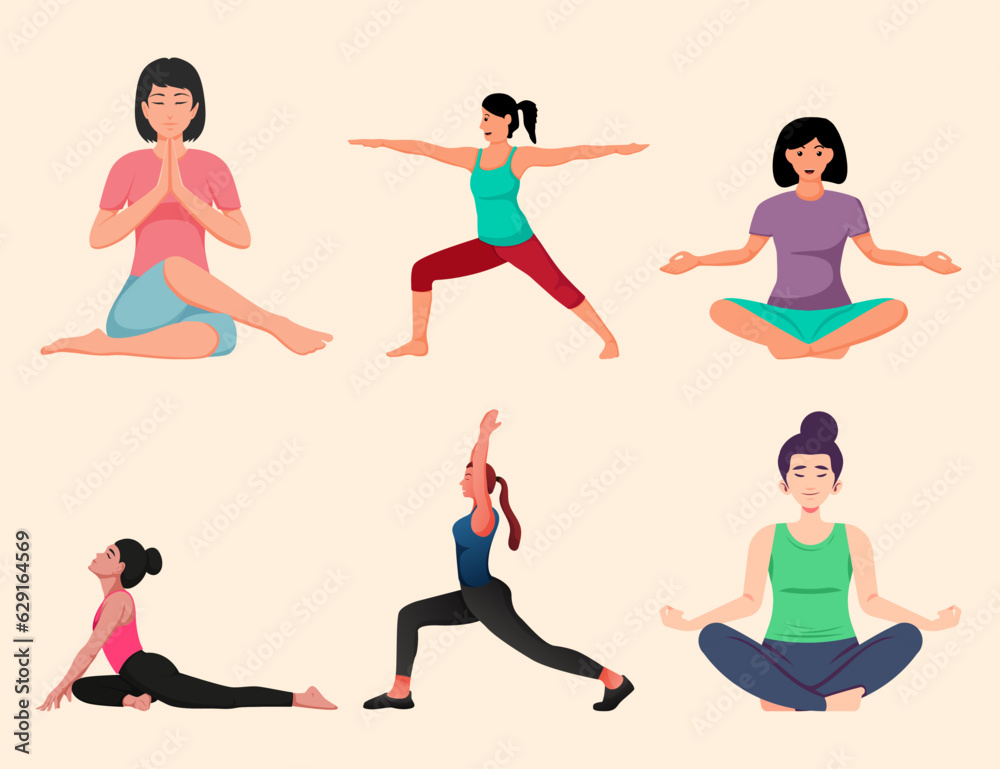 Illustration of people practicing yoga in modern cartoon style