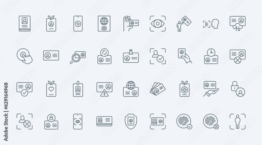 ID cards thin line icons set vector illustration. Outline badge with name, photo and information for identification of person, plastic document for user identity and verification, camera scan