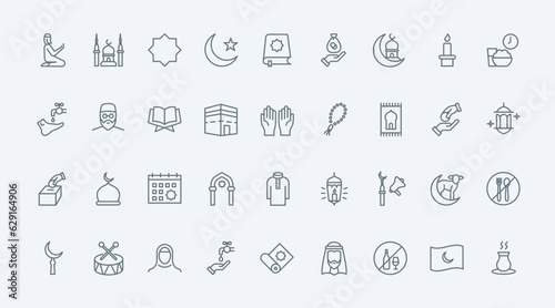 Islam thin black line icons set vector illustration. Outline Muslim religion and worship symbols, Saudi man and woman in hijab, mosque and Quran, religious calendar of holidays for prayers and charity