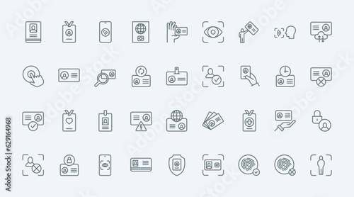 ID cards thin line icons set vector illustration. Outline badge with name  photo and information for identification of person  plastic document for user identity and verification  camera scan