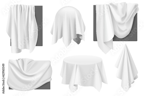 White cloth covers on objects with drapery set vector illustration. 3D realistic isolated secret presentation under fabric before revealing, silk tablecloth on table with wavy drape, hidden frames