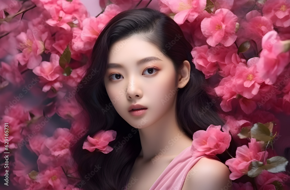 portrait of a woman with pink flowers
