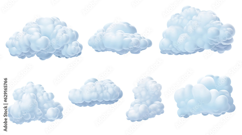 Set of cutout clean white clouds. Generative AI Set of cutout clean white clouds. Generative AI