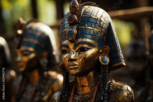 Statues of Egyptian gods, close-up, selective focus. 3d rendering