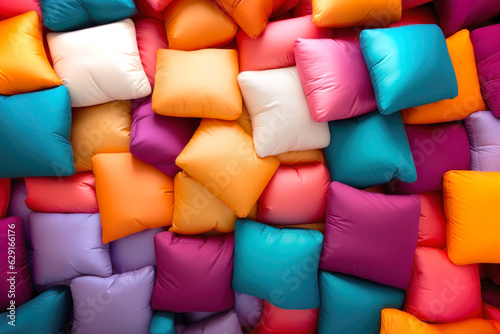 Background made of colorful soft pillows. Pit pillow top view. Generative AI