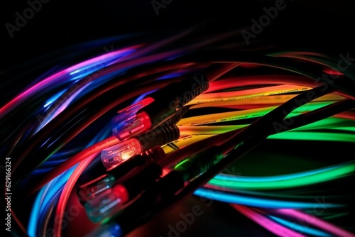 colored electric cables and led. optical fiber intense
