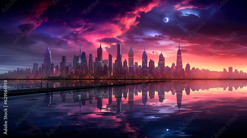 futuristic cityscape with a gradient background , cyberpunk aesthetic.