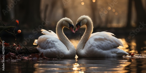 White swans are dancing on the lake, and their dancing wings are like dreamlike fairies.