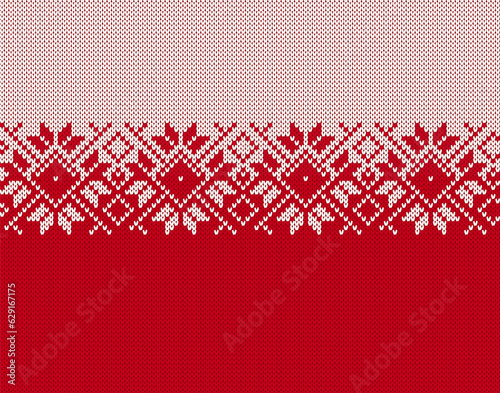 Christmas seamless pattern. Vector. Red and white knit print. Knitted sweater ornament . Xmas winter geometric texture. Holiday fair isle traditional background. Festive crochet.
