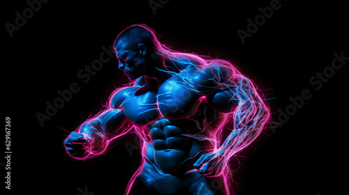 Fictitious Muscular Man Training Plexus Neon Black Background Digital Desktop Wallpaper HD 4k Network Light Glowing Laser Motion Bright Abstract 