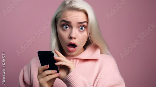 Oh, my! Gorgeous girl with a phone in her hand is surprised by something she saw on the screen. in front of bright pink background. Generated AI 