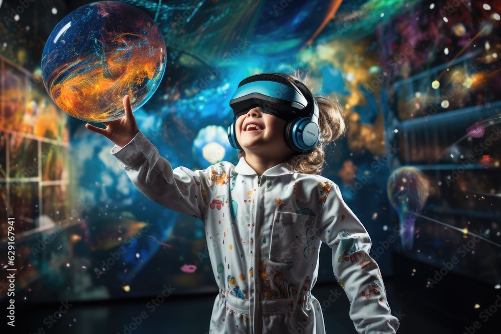 Boy wearing VR headset user, surreal world and virtual reality, colorful flowers fields. Generative AI