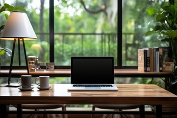 Workspace with laptop computer empty screen and office supply on wooden table, Ai generate