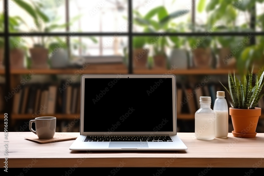 Workspace with laptop computer empty screen and office supply on wooden table, Ai generate Workspace with laptop computer empty screen and office supply on wooden table, Ai generate