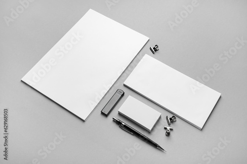 Blank corporate stationery set on gray paper background. Template for branding ID.