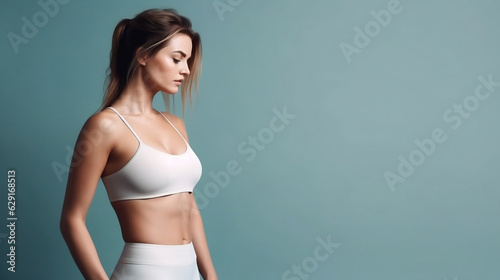 photo of perfect shape sportive slim lady stomach abs dynamic intense training result spacious. Pretty female. Isolated on blue background. Generated AI  ©  Mohammad Xte