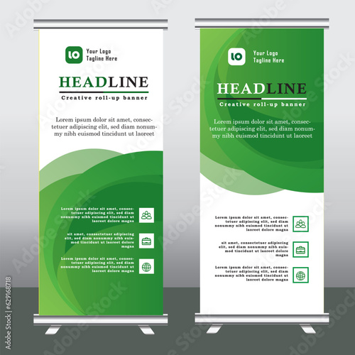 Green Roll Up Banner template and info graphics, stand design, advertisement, display, business flyer, vector illustration, pull up vertical banner template