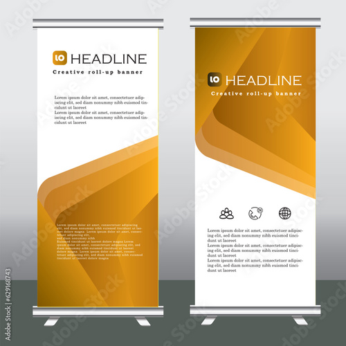 Roll Up template, pull up design, Standee Design. Banner Template. Presentation and Brochure Flyer. Template vertical pull up banner with yellow and gold color, Vector illustration, geometric