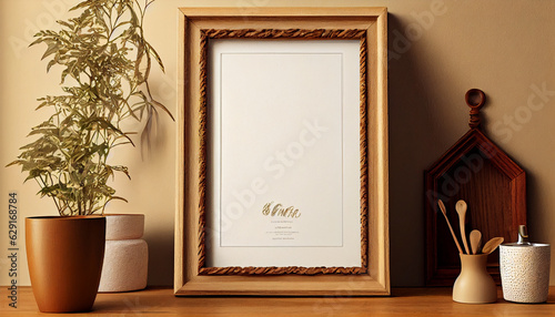 Canvas, Photo Mockup frame on a wall, Elegant boho bedroom interior. 
