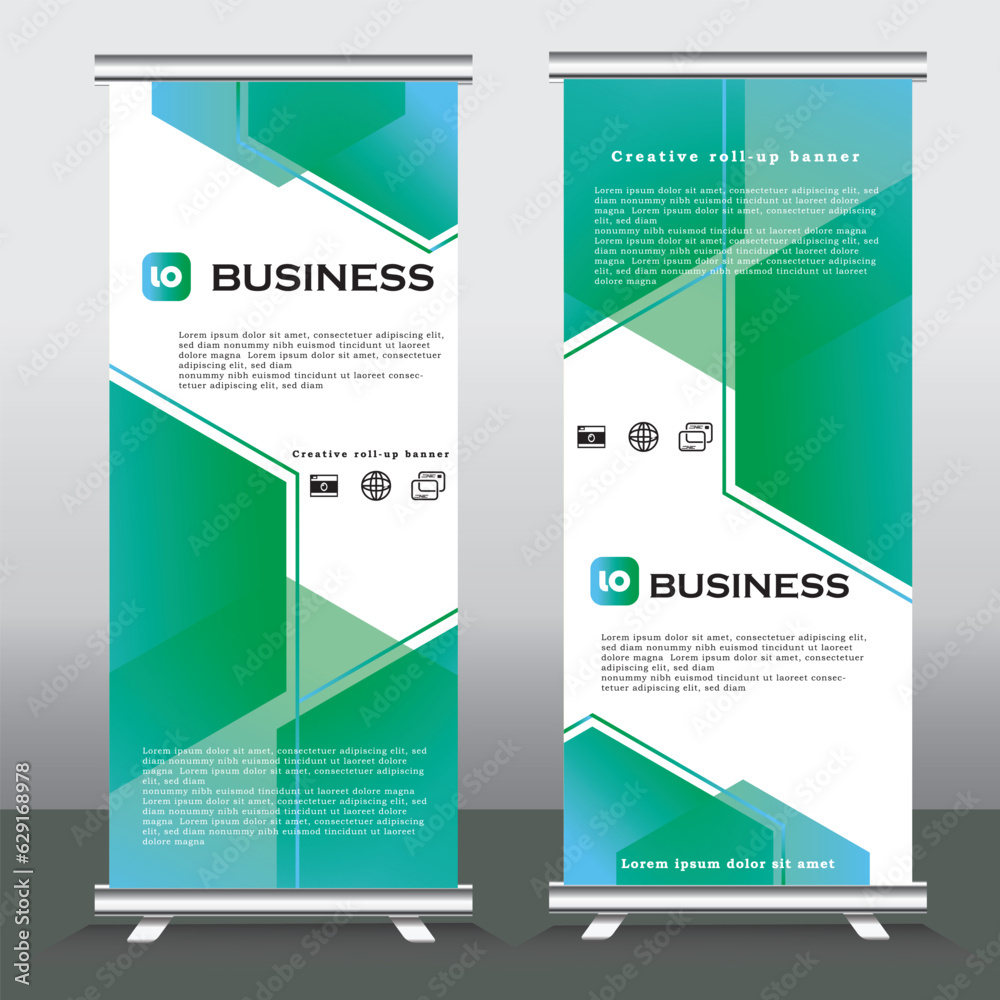 Green Roll Up Banner template and info graphics, stand design, advertisement, display, business flyer, vector illustration, pull up vertical banner template Green Roll Up Banner template and info graphics, stand design, advertisement, display, business flyer, vector illustration, pull up vertical banner template