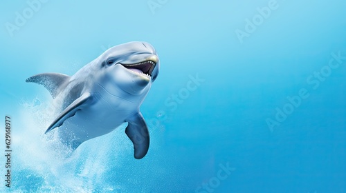 A playful image of a lively dolphin jumping out of the water with a big grin, as if it's showing off its impressive acrobatics. Generative AI.  © Dannchez